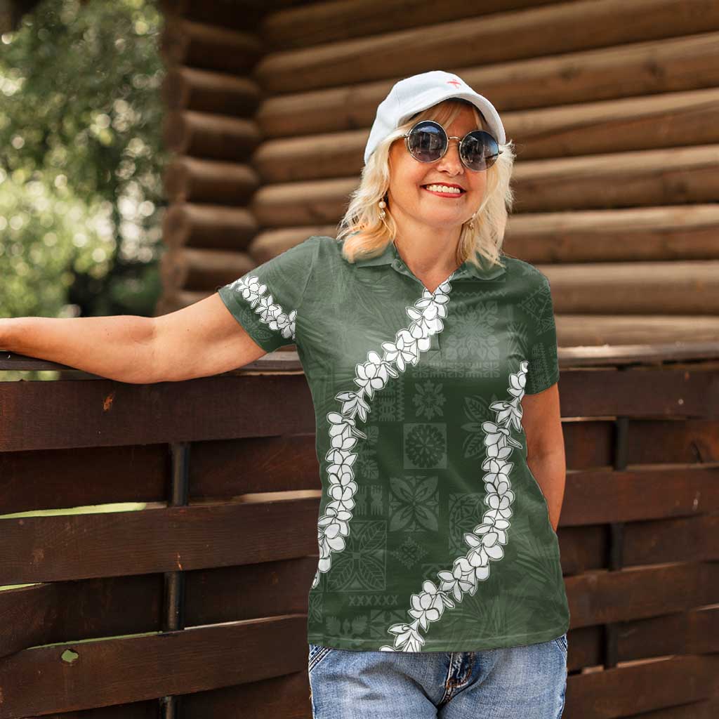 Hawaii Aloha Women Polo Shirt Sage Quilt Patch Work Mix Plumeria Lei