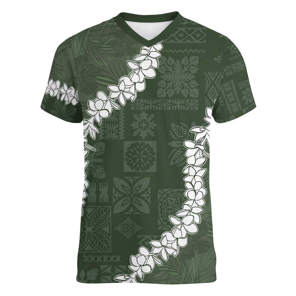 Hawaii Aloha Women V-Neck T-Shirt Sage Quilt Patch Work Mix Plumeria Lei LT7 Female Sage - Polynesian Pride