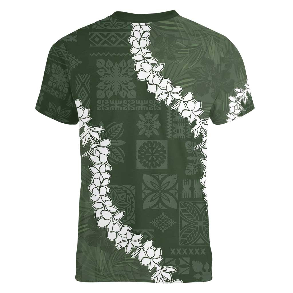 Hawaii Aloha Women V-Neck T-Shirt Sage Quilt Patch Work Mix Plumeria Lei LT7 - Polynesian Pride