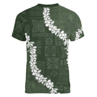 Hawaii Aloha Women V-Neck T-Shirt Sage Quilt Patch Work Mix Plumeria Lei LT7 - Polynesian Pride