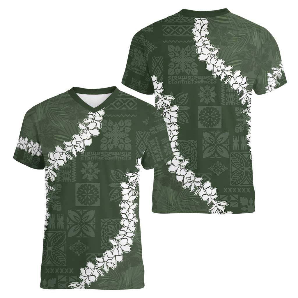Hawaii Aloha Women V-Neck T-Shirt Sage Quilt Patch Work Mix Plumeria Lei LT7 - Polynesian Pride