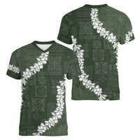 Hawaii Aloha Women V-Neck T-Shirt Sage Quilt Patch Work Mix Plumeria Lei LT7 - Polynesian Pride
