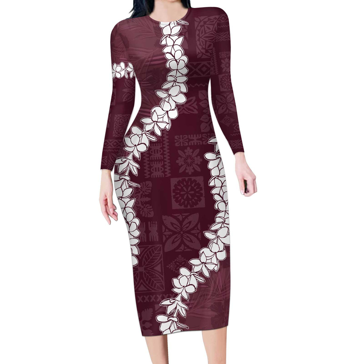 Hawaii Aloha Long Sleeve Bodycon Dress Champange Quilt Patch Work Mix Plumeria Lei LT7 Long Dress Champange - Polynesian Pride