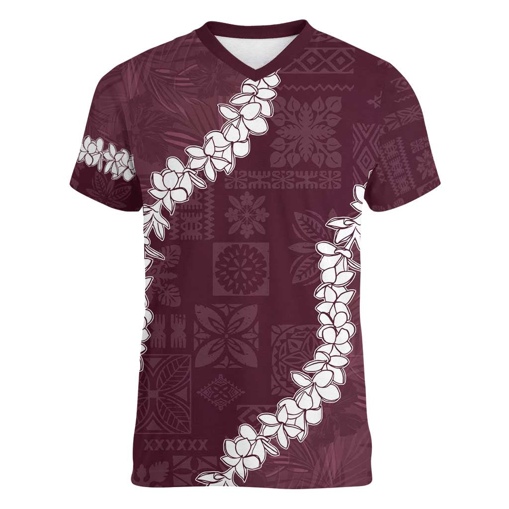 Hawaii Aloha Women V-Neck T-Shirt Champange Quilt Patch Work Mix Plumeria Lei LT7 Female Champange - Polynesian Pride