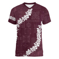 Hawaii Aloha Women V-Neck T-Shirt Champange Quilt Patch Work Mix Plumeria Lei LT7 Female Champange - Polynesian Pride