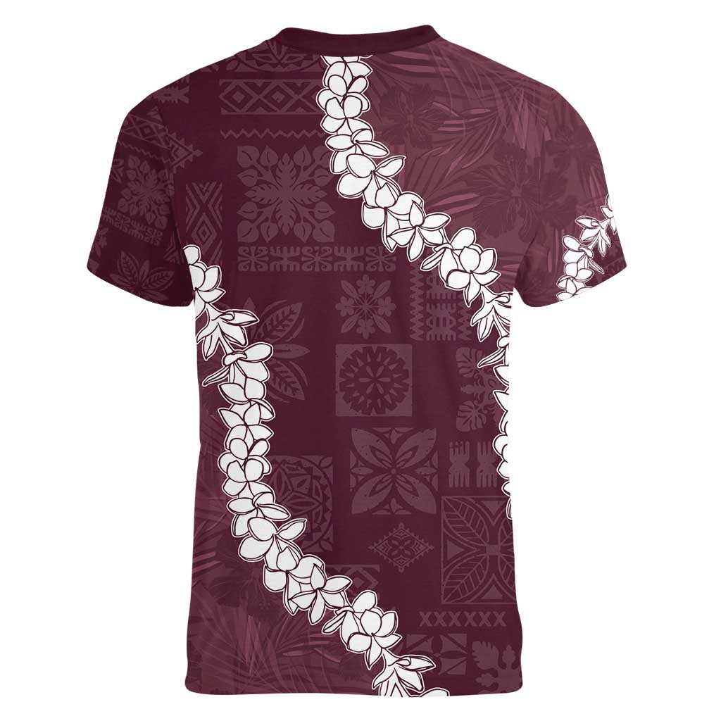Hawaii Aloha Women V-Neck T-Shirt Champange Quilt Patch Work Mix Plumeria Lei LT7 - Polynesian Pride