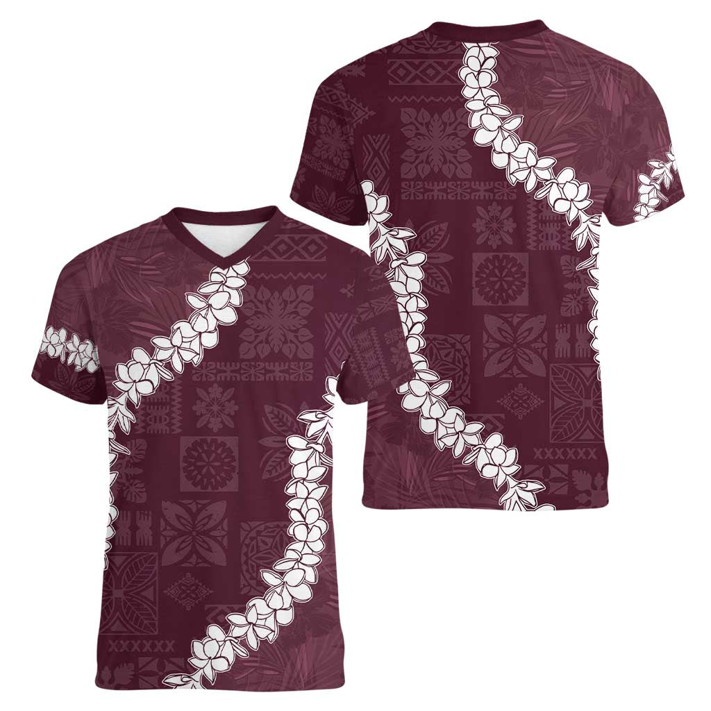 Hawaii Aloha Women V-Neck T-Shirt Champange Quilt Patch Work Mix Plumeria Lei LT7 - Polynesian Pride