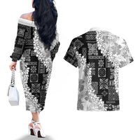 Hawaii Aloha Couples Matching Off The Shoulder Long Sleeve Dress and Hawaiian Shirt White Quilt Patch Work Mix Plumeria Lei