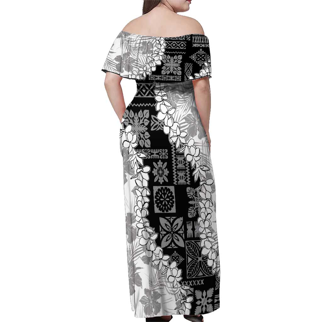 Hawaii Aloha Family Matching Off Shoulder Maxi Dress and Hawaiian Shirt White Quilt Patch Work Mix Plumeria Lei