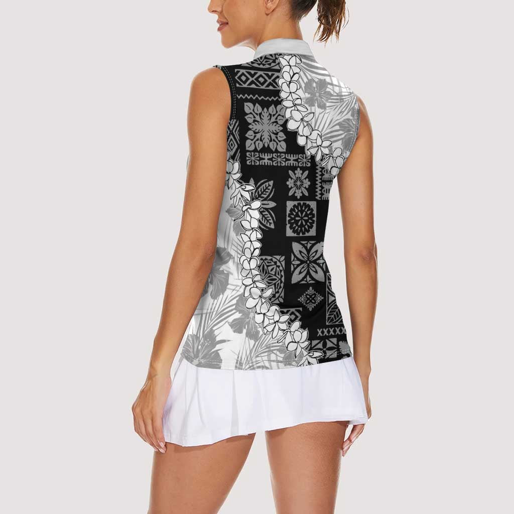 Hawaii Aloha Women Sleeveless Polo Shirt White Quilt Patch Work Mix Plumeria Lei