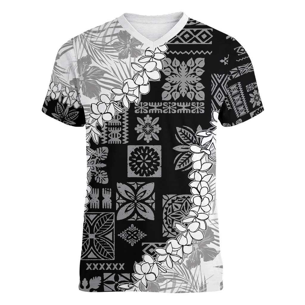 Hawaii Aloha Women V-Neck T-Shirt White Quilt Patch Work Mix Plumeria Lei LT7 Female White - Polynesian Pride
