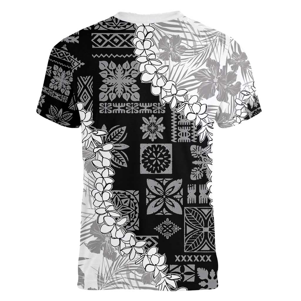 Hawaii Aloha Women V-Neck T-Shirt White Quilt Patch Work Mix Plumeria Lei LT7 - Polynesian Pride