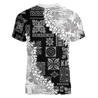 Hawaii Aloha Women V-Neck T-Shirt White Quilt Patch Work Mix Plumeria Lei LT7 - Polynesian Pride