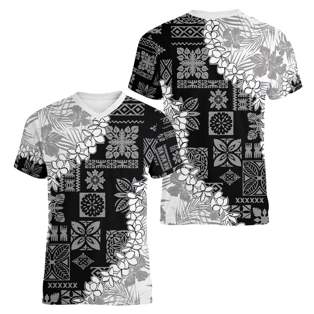 Hawaii Aloha Women V-Neck T-Shirt White Quilt Patch Work Mix Plumeria Lei LT7 - Polynesian Pride