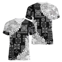 Hawaii Aloha Women V-Neck T-Shirt White Quilt Patch Work Mix Plumeria Lei LT7 - Polynesian Pride
