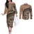 Tonga Ngatu Couples Matching Off The Shoulder Long Sleeve Dress and Long Sleeve Button Shirt Tokelau Classic Motifs LT7 Brown - Polynesian Pride