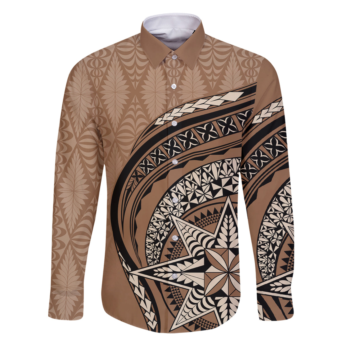 Tonga Ngatu Family Matching Off Shoulder Long Sleeve Dress and Hawaiian Shirt Tokelau Classic Motifs LT7 Dad's Shirt - Long Sleeve Brown - Polynesian Pride