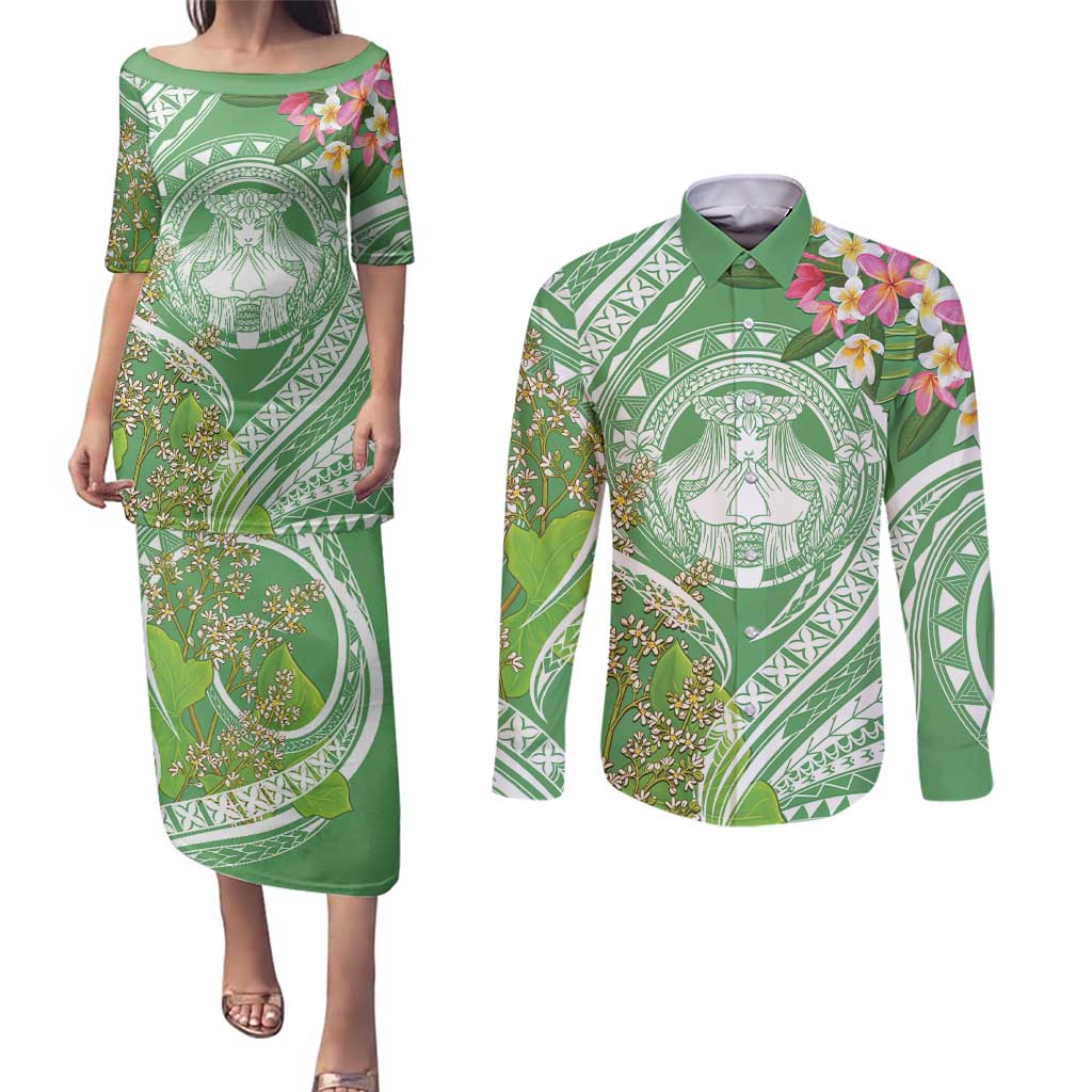 Aloha Molokai Island Couples Matching Puletasi and Long Sleeve Button Shirt Hawaii Pua Kukui LT7 Green - Polynesian Pride