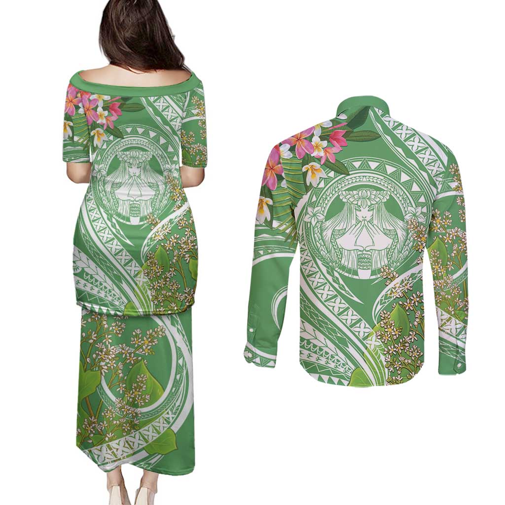 Aloha Molokai Island Couples Matching Puletasi and Long Sleeve Button Shirt Hawaii Pua Kukui