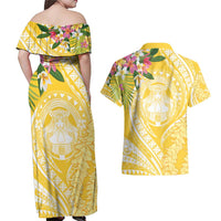Aloha Hawaii Oahu Couples Matching Off Shoulder Maxi Dress and Hawaiian Shirt Wahine with Ilima Lei