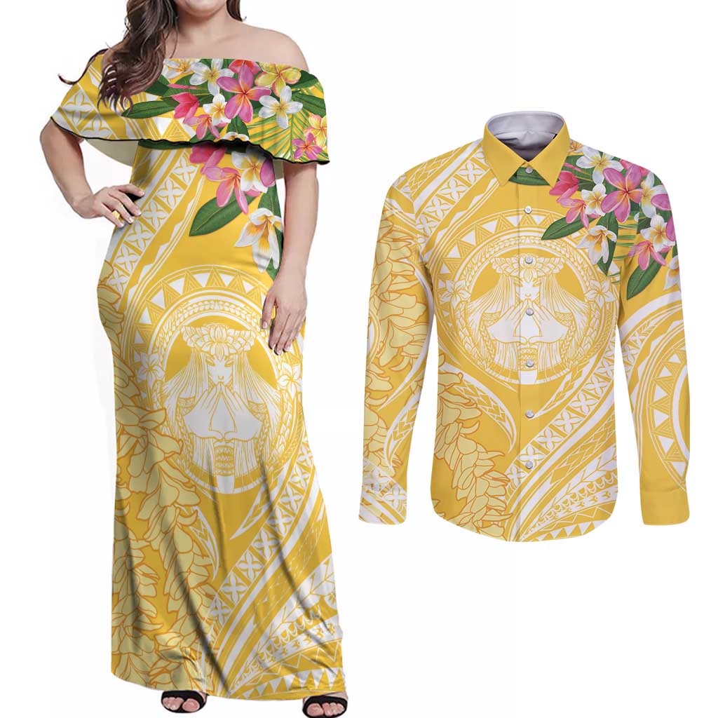 Aloha Hawaii Oahu Couples Matching Off Shoulder Maxi Dress and Long Sleeve Button Shirt Wahine with Ilima Lei LT7 Yellow - Polynesian Pride