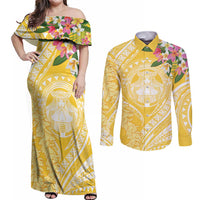 Aloha Hawaii Oahu Couples Matching Off Shoulder Maxi Dress and Long Sleeve Button Shirt Wahine with Ilima Lei LT7 Yellow - Polynesian Pride