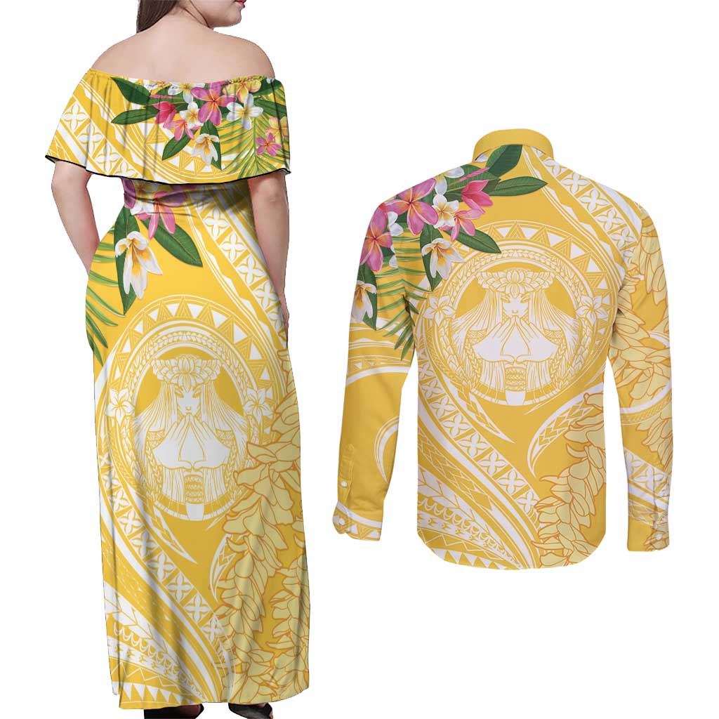 Aloha Hawaii Oahu Couples Matching Off Shoulder Maxi Dress and Long Sleeve Button Shirt Wahine with Ilima Lei LT7 - Polynesian Pride