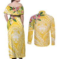Aloha Hawaii Oahu Couples Matching Off Shoulder Maxi Dress and Long Sleeve Button Shirt Wahine with Ilima Lei LT7 - Polynesian Pride
