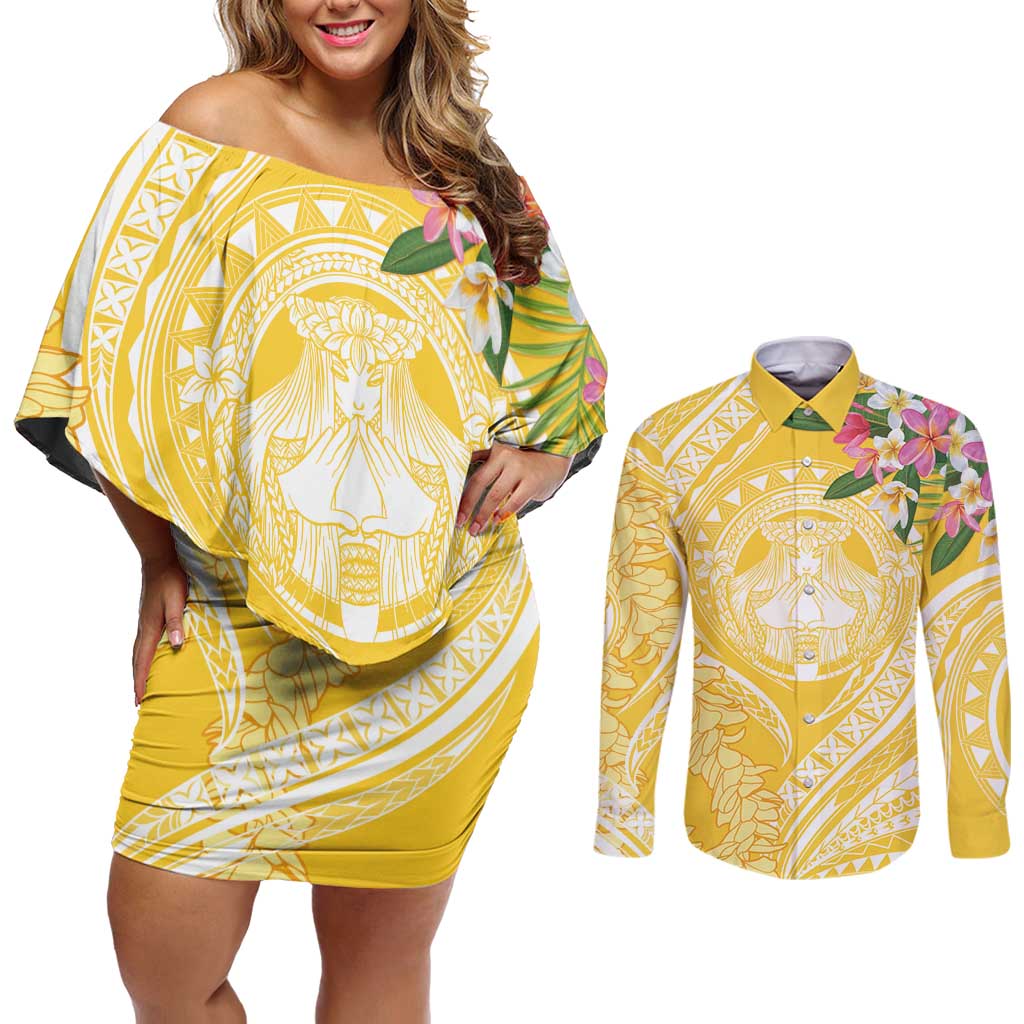 Aloha Hawaii Oahu Couples Matching Off Shoulder Short Dress and Long Sleeve Button Shirt Wahine with Ilima Lei LT7 Yellow - Polynesian Pride