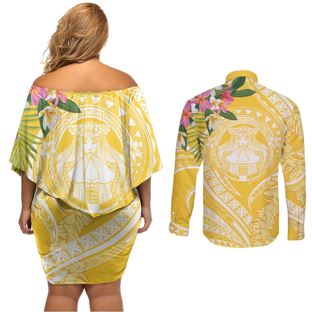 Aloha Hawaii Oahu Couples Matching Off Shoulder Short Dress and Long Sleeve Button Shirt Wahine with Ilima Lei LT7 - Polynesian Pride