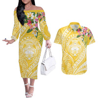 Aloha Hawaii Oahu Couples Matching Off The Shoulder Long Sleeve Dress and Hawaiian Shirt Wahine with Ilima Lei