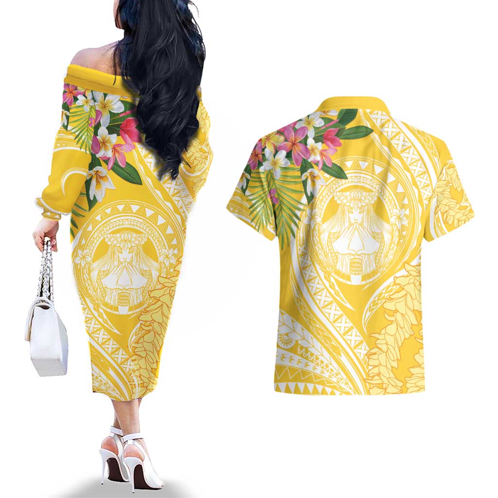 Aloha Hawaii Oahu Couples Matching Off The Shoulder Long Sleeve Dress and Hawaiian Shirt Wahine with Ilima Lei