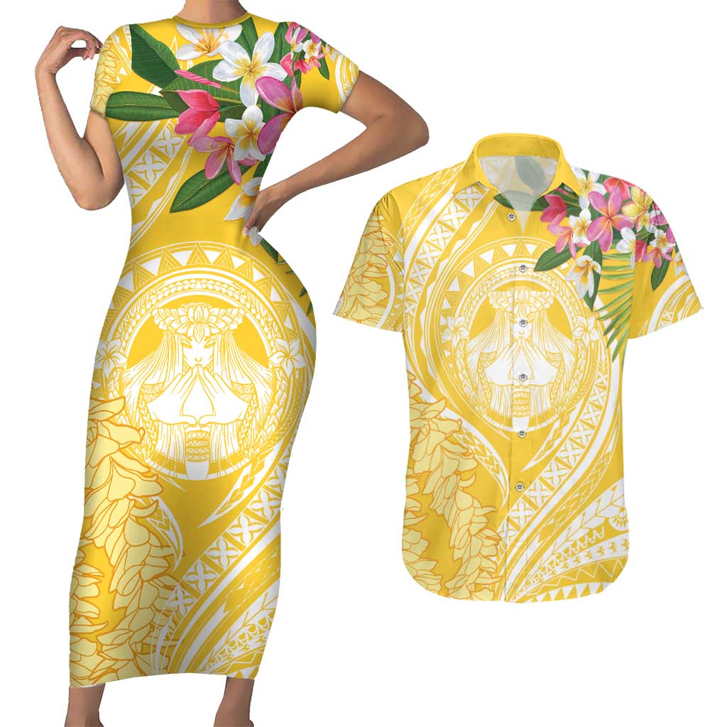 Aloha Hawaii Oahu Couples Matching Short Sleeve Bodycon Dress and Hawaiian Shirt Wahine with Ilima Lei
