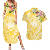 Aloha Hawaii Oahu Couples Matching Summer Maxi Dress and Hawaiian Shirt Wahine with Ilima Lei