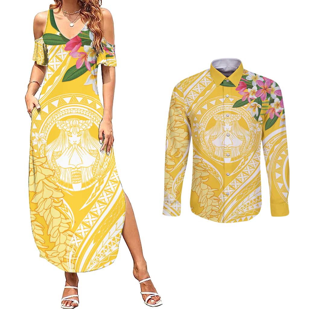 Aloha Hawaii Oahu Couples Matching Summer Maxi Dress and Long Sleeve Button Shirt Wahine with Ilima Lei LT7 Yellow - Polynesian Pride