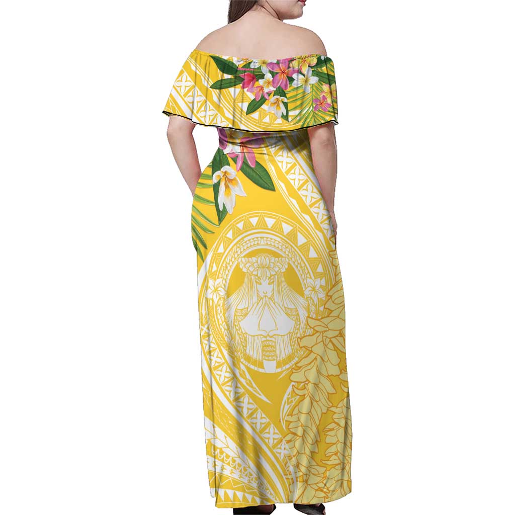 Aloha Hawaii Oahu Family Matching Off Shoulder Maxi Dress and Hawaiian Shirt Wahine with Ilima Lei