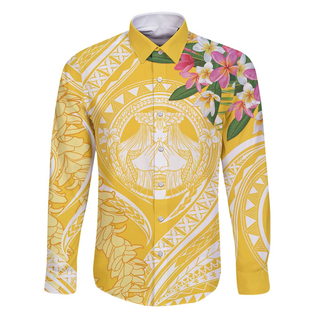 Aloha Hawaii Oahu Family Matching Summer Maxi Dress and Hawaiian Shirt Wahine with Ilima Lei LT7 Dad's Shirt - Long Sleeve Yellow - Polynesian Pride