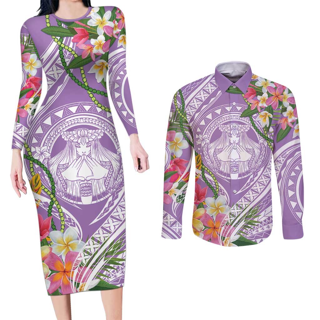 Aloha Hawaii Kauai Couples Matching Long Sleeve Bodycon Dress and Long Sleeve Button Shirt Frangipani Mix Mokihana Lei