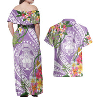 Aloha Hawaii Kauai Couples Matching Off Shoulder Maxi Dress and Hawaiian Shirt Frangipani Mix Mokihana Lei