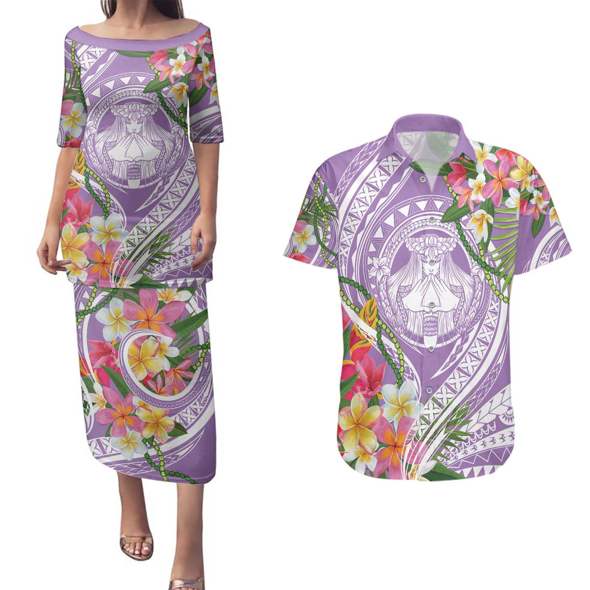 Aloha Hawaii Kauai Couples Matching Puletasi and Hawaiian Shirt Frangipani Mix Mokihana Lei