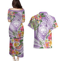 Aloha Hawaii Kauai Couples Matching Puletasi and Hawaiian Shirt Frangipani Mix Mokihana Lei