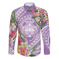 Aloha Hawaii Kauai Family Matching Off Shoulder Short Dress and Hawaiian Shirt Frangipani Mix Mokihana Lei LT7 Dad's Shirt - Long Sleeve Purple - Polynesian Pride