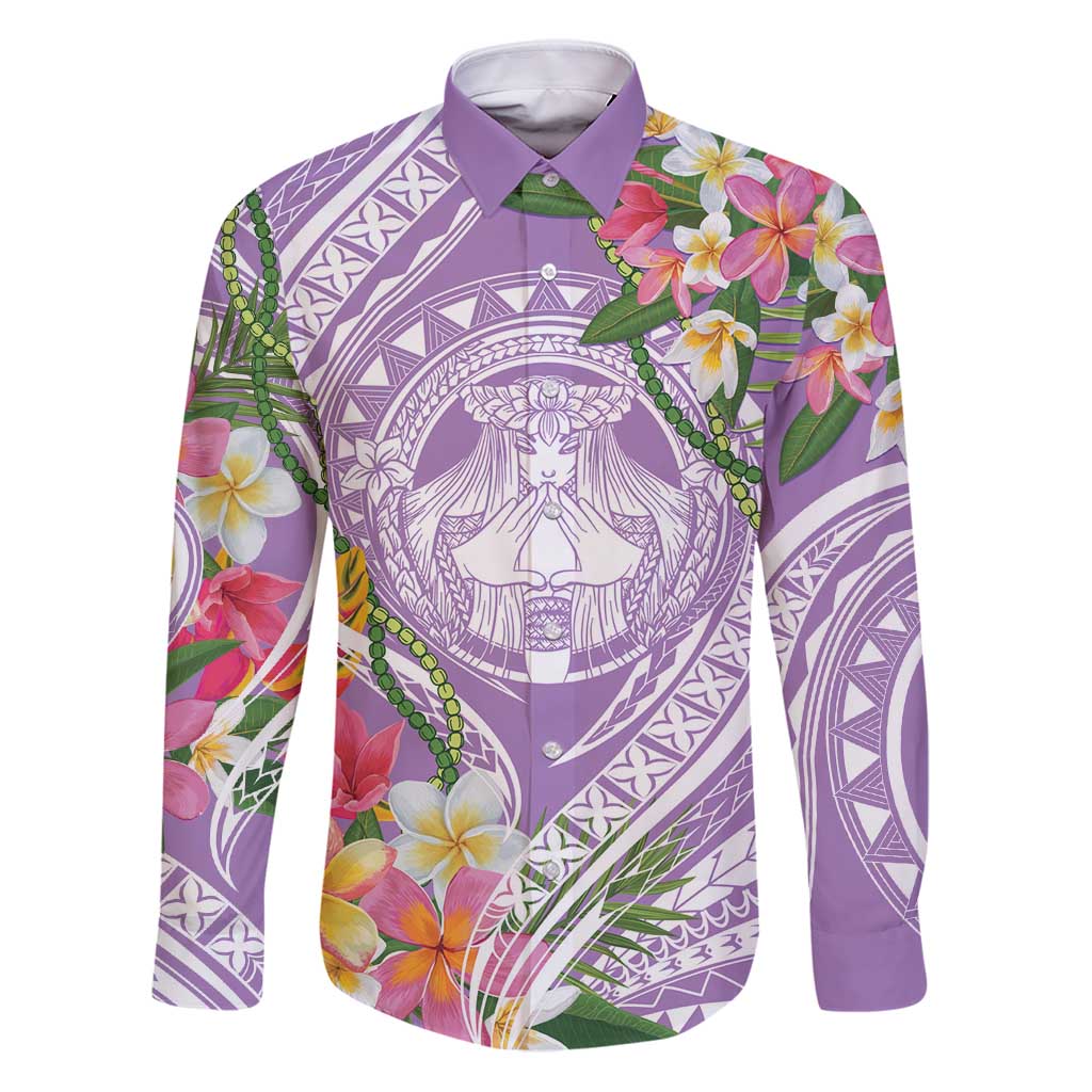 Aloha Hawaii Kauai Family Matching Puletasi and Hawaiian Shirt Frangipani Mix Mokihana Lei LT7 Dad's Shirt - Long Sleeve Purple - Polynesian Pride