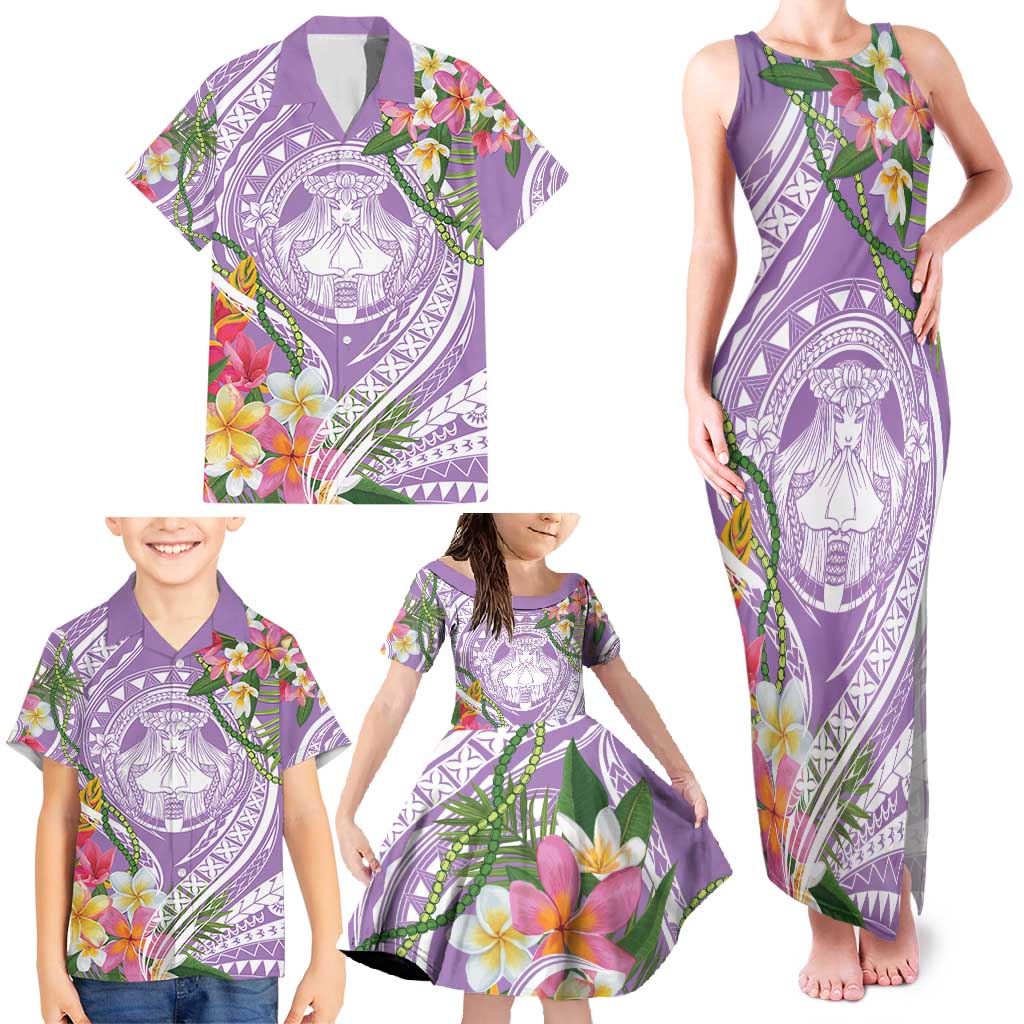 Aloha Hawaii Kauai Family Matching Tank Maxi Dress and Hawaiian Shirt Frangipani Mix Mokihana Lei