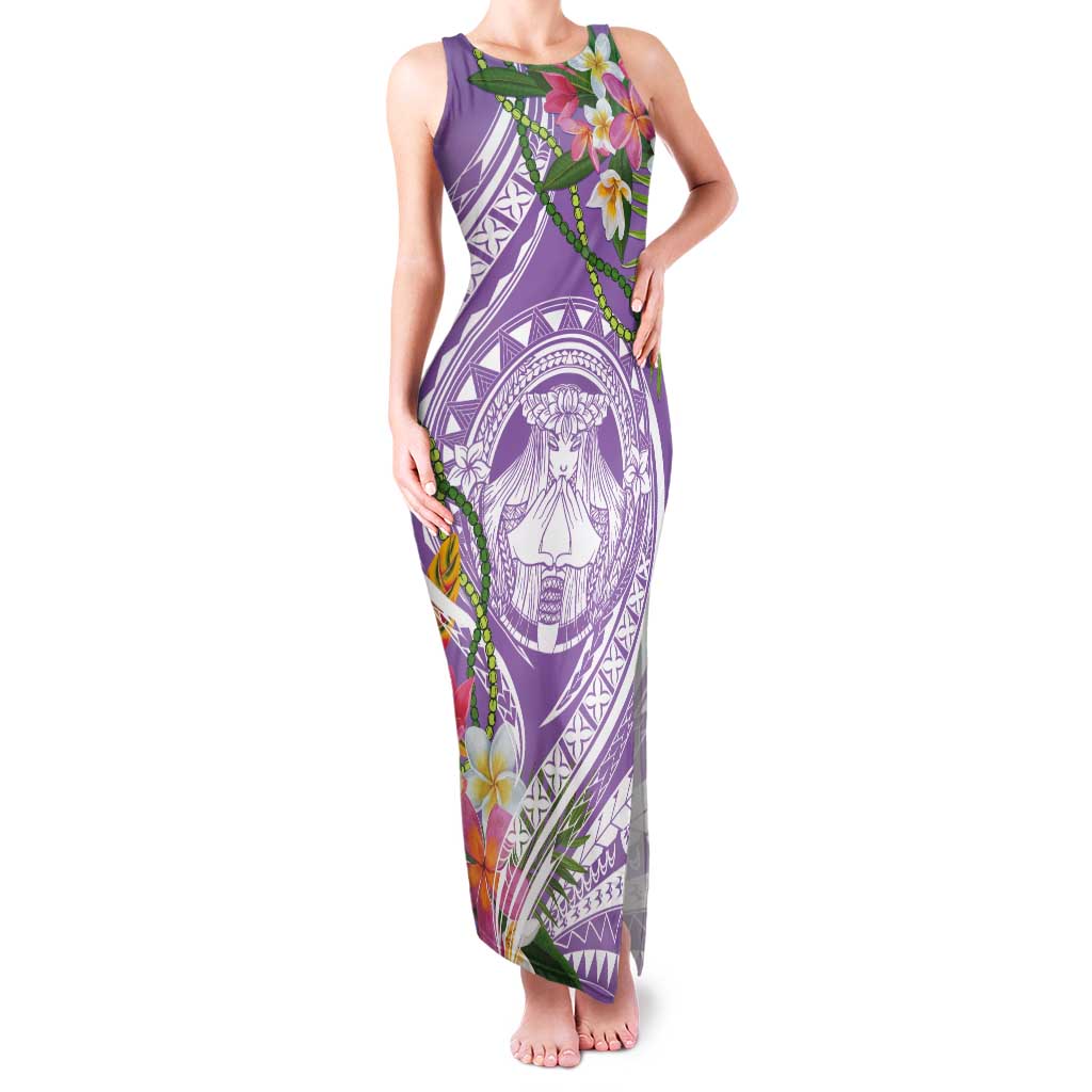 Aloha Hawaii Kauai Tank Maxi Dress Frangipani Mix Mokihana Lei LT7 Women Purple - Polynesian Pride