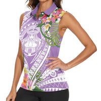 Aloha Hawaii Kauai Women Sleeveless Polo Shirt Frangipani Mix Mokihana Lei