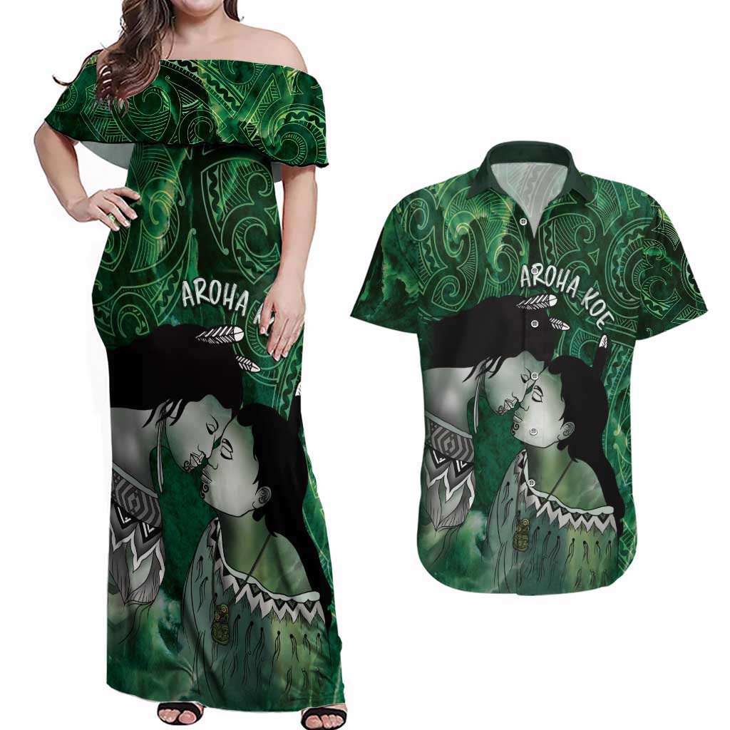 New Zealand Aroha Koe Mama Couples Matching Off Shoulder Maxi Dress and Hawaiian Shirt Maori Hongi - Pounamu