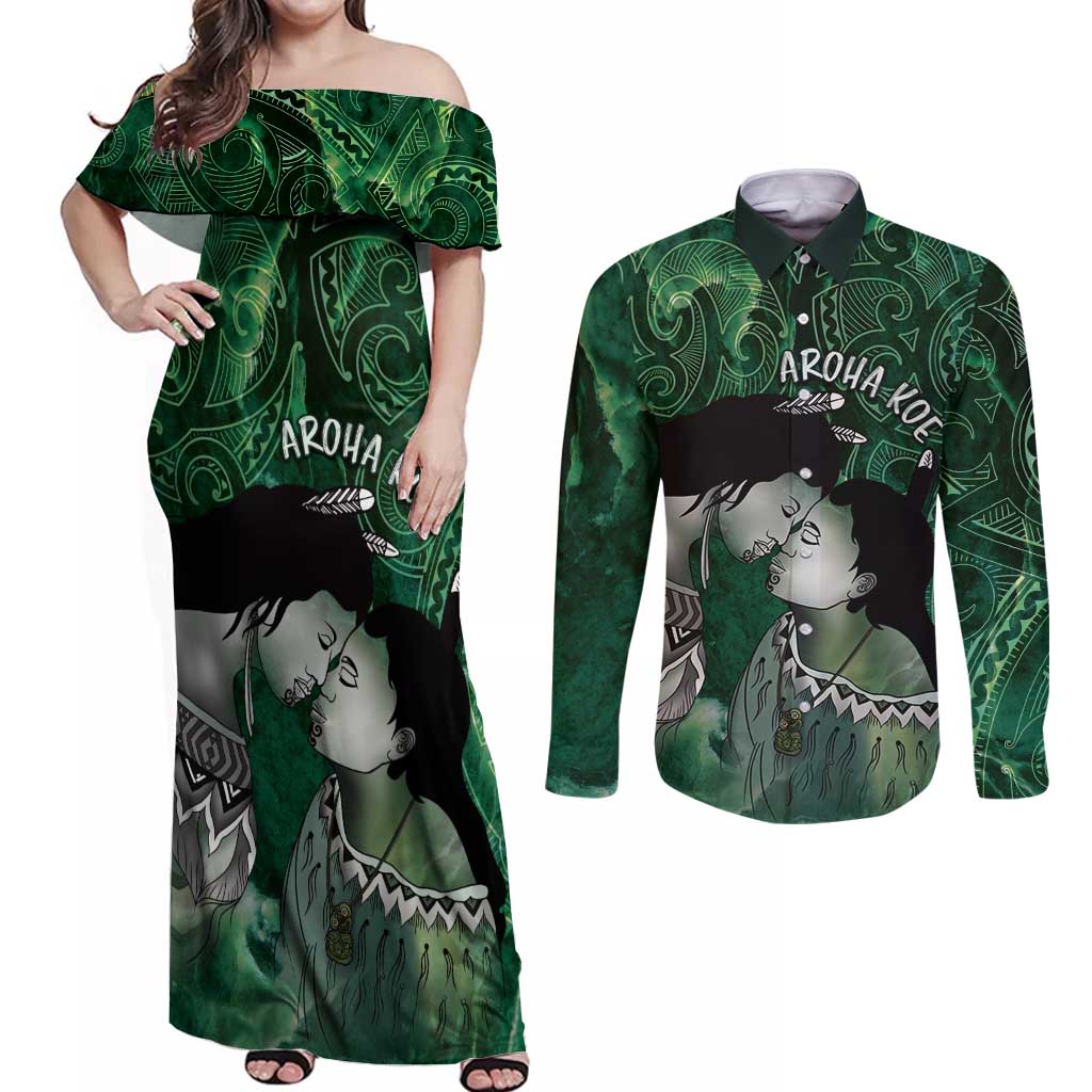 New Zealand Aroha Koe Mama Couples Matching Off Shoulder Maxi Dress and Long Sleeve Button Shirt Maori Hongi - Pounamu