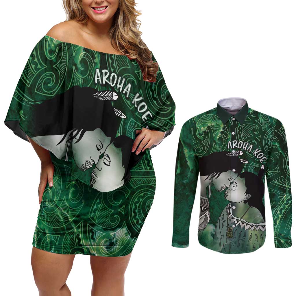 New Zealand Aroha Koe Mama Couples Matching Off Shoulder Short Dress and Long Sleeve Button Shirt Maori Hongi - Pounamu
