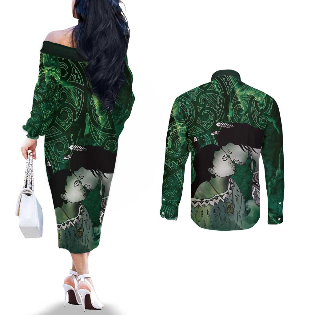 New Zealand Aroha Koe Mama Couples Matching Off The Shoulder Long Sleeve Dress and Long Sleeve Button Shirt Maori Hongi - Pounamu